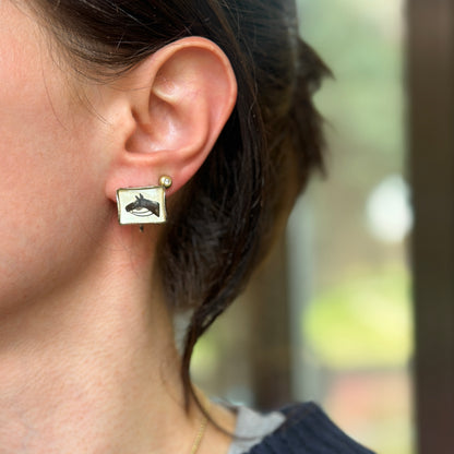 Estate Silver Tone Painted Horse Crystal Rectangle Screw Back Earrings