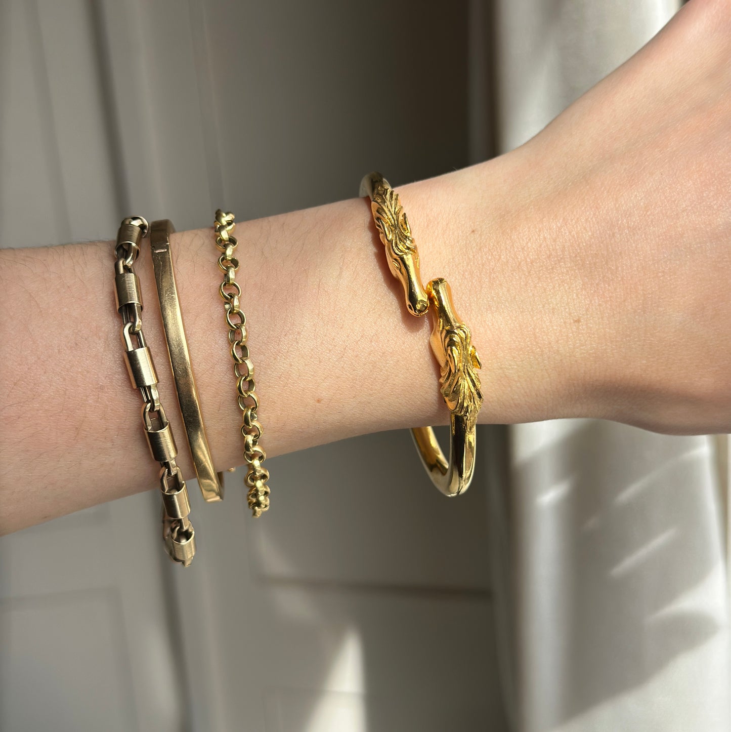 Estate Yellow Gold Tone Shiny + Double Horse Head Springed Cuff Bracelet