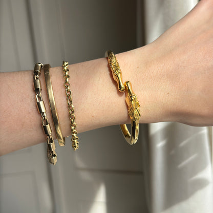 Estate Yellow Gold Tone Shiny + Double Horse Head Springed Cuff Bracelet