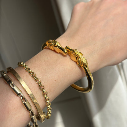 Estate Yellow Gold Tone Shiny + Double Horse Head Springed Cuff Bracelet