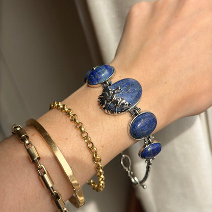 Estate Silver Horse + Oval Lapis Lazuli Stones Bracelet Toggle 7.25in