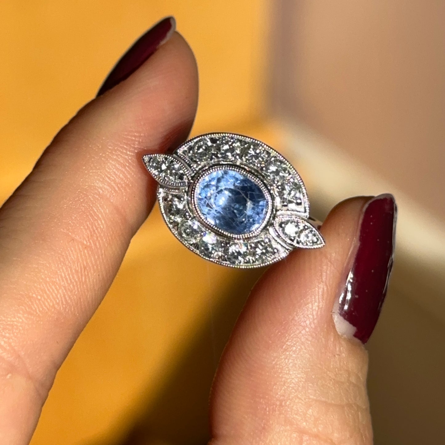 Estate Platinum Ceylon Blue Sapphire + Diamond Ring