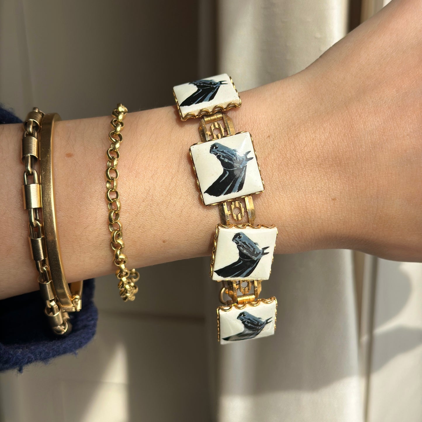 Estate Yellow Tone Square Enamel Horse Head Panel Bracelet 7.25''