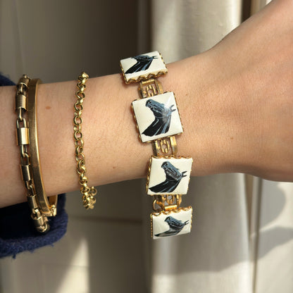Estate Yellow Tone Square Enamel Horse Head Panel Bracelet 7.25''