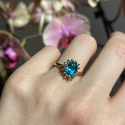 Estate 10KT Yellow Gold Oval Blue Topaz + Diamond Halo Ring