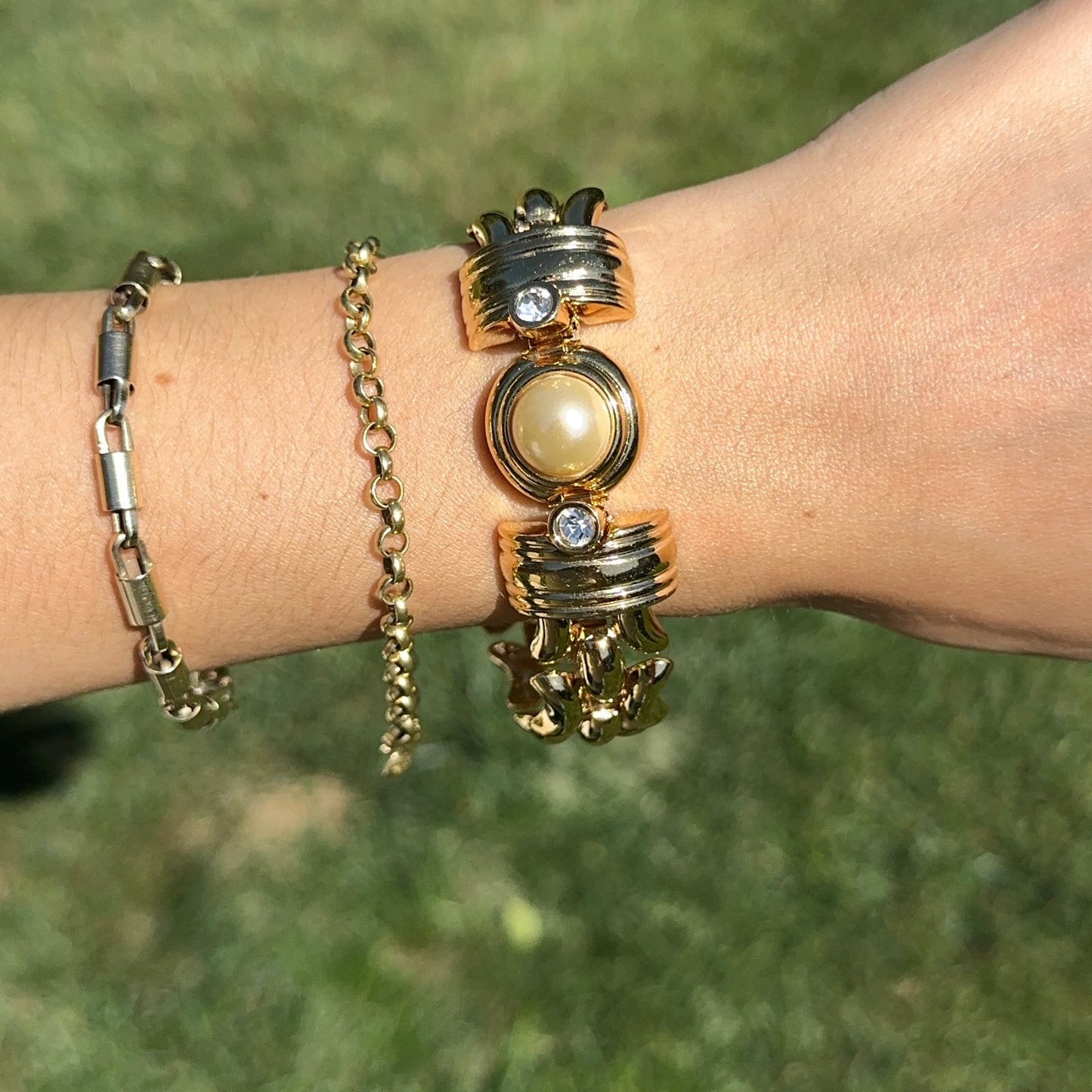 Estate Gold-Plated KJL Faux Pearl + Wide Link Interchangeable Bracelet Set