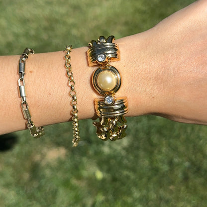 Estate Gold-Plated KJL Faux Pearl + Wide Link Interchangeable Bracelet Set
