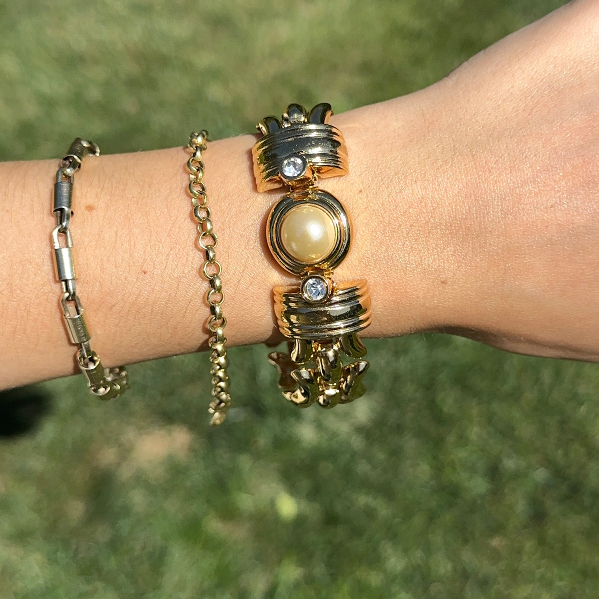 Estate Gold-Plated Kenneth J Lane Faux Pearl + CZ Link Bracelet
