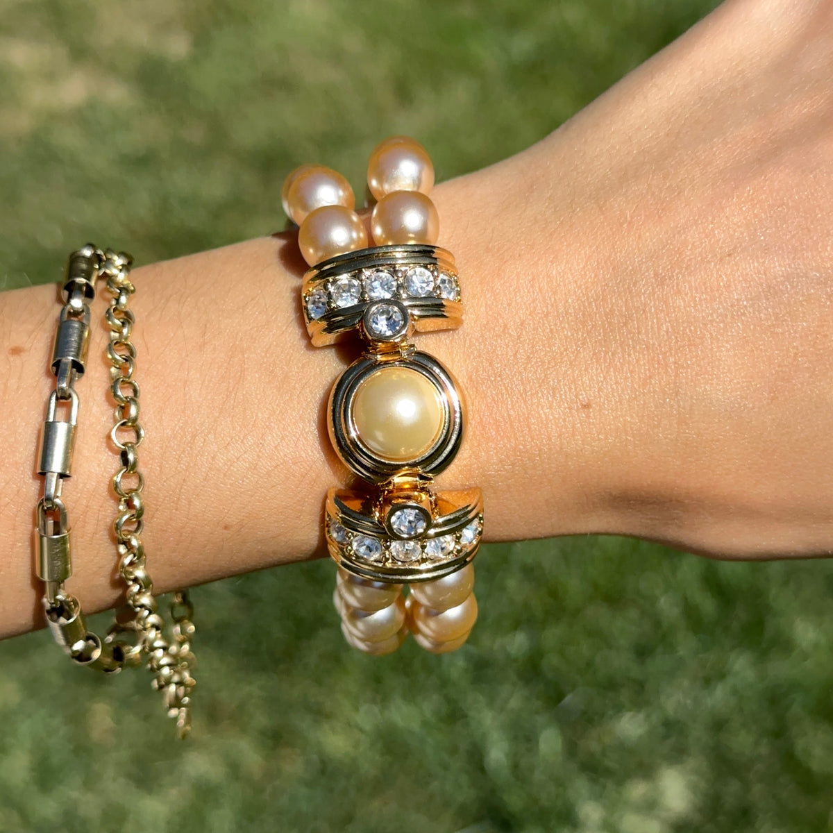 Estate Gold-Plated KJL Faux Pearl + Wide Link Interchangeable Bracelet Set