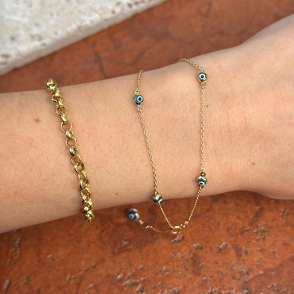 14KT Yellow Gold Blue Evil Eye Ball Station Anklet Lightweight + Extender