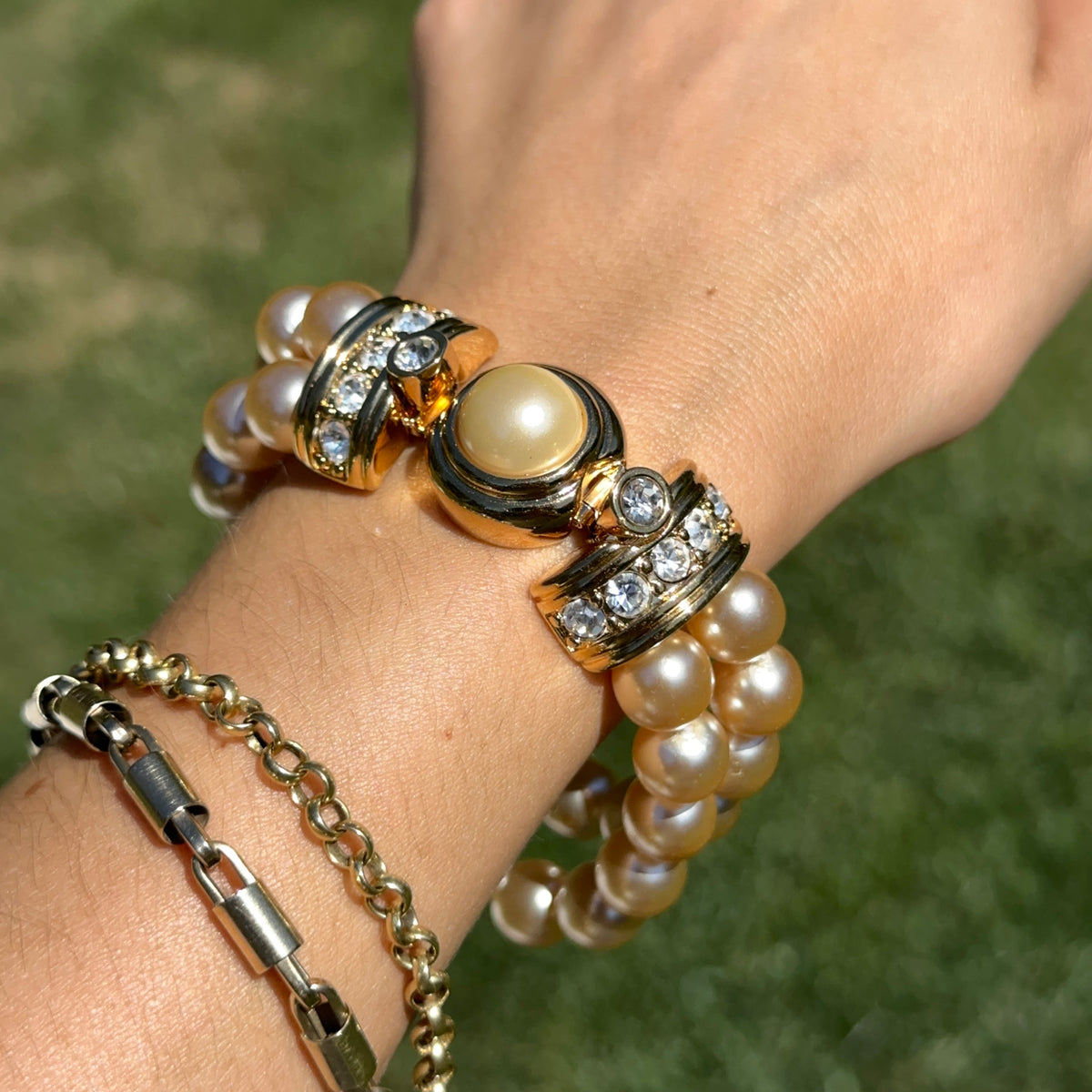 Estate Gold-Plated KJL Faux Pearl + Wide Link Interchangeable Bracelet Set