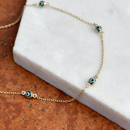 14KT Yellow Gold Blue Evil Eye Ball Station Anklet Lightweight + Extender