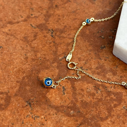 14KT Yellow Gold Blue Evil Eye Ball Station Anklet Lightweight + Extender