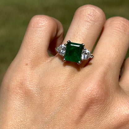 Estate 14KT Yellow Gold 2.89 CT Emerald-Cut Emerald + Trillion Diamond Ring