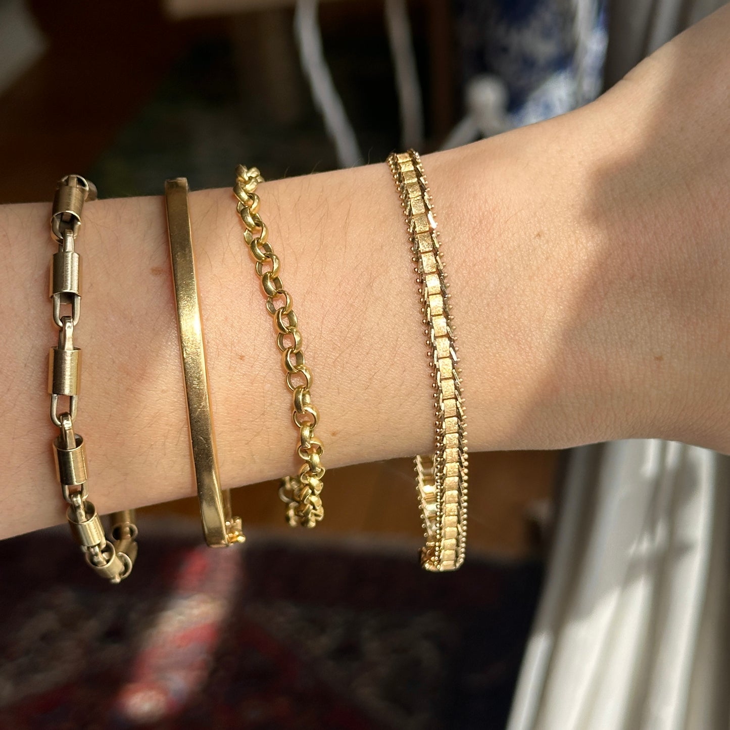 Estate 14KT Yellow Gold Track Style Moveable Matte Links Bracelet
