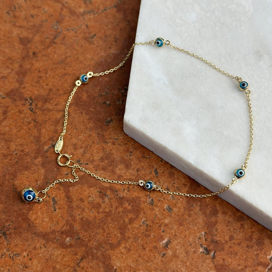 14KT Yellow Gold Blue Evil Eye Ball Station Anklet Lightweight + Extender