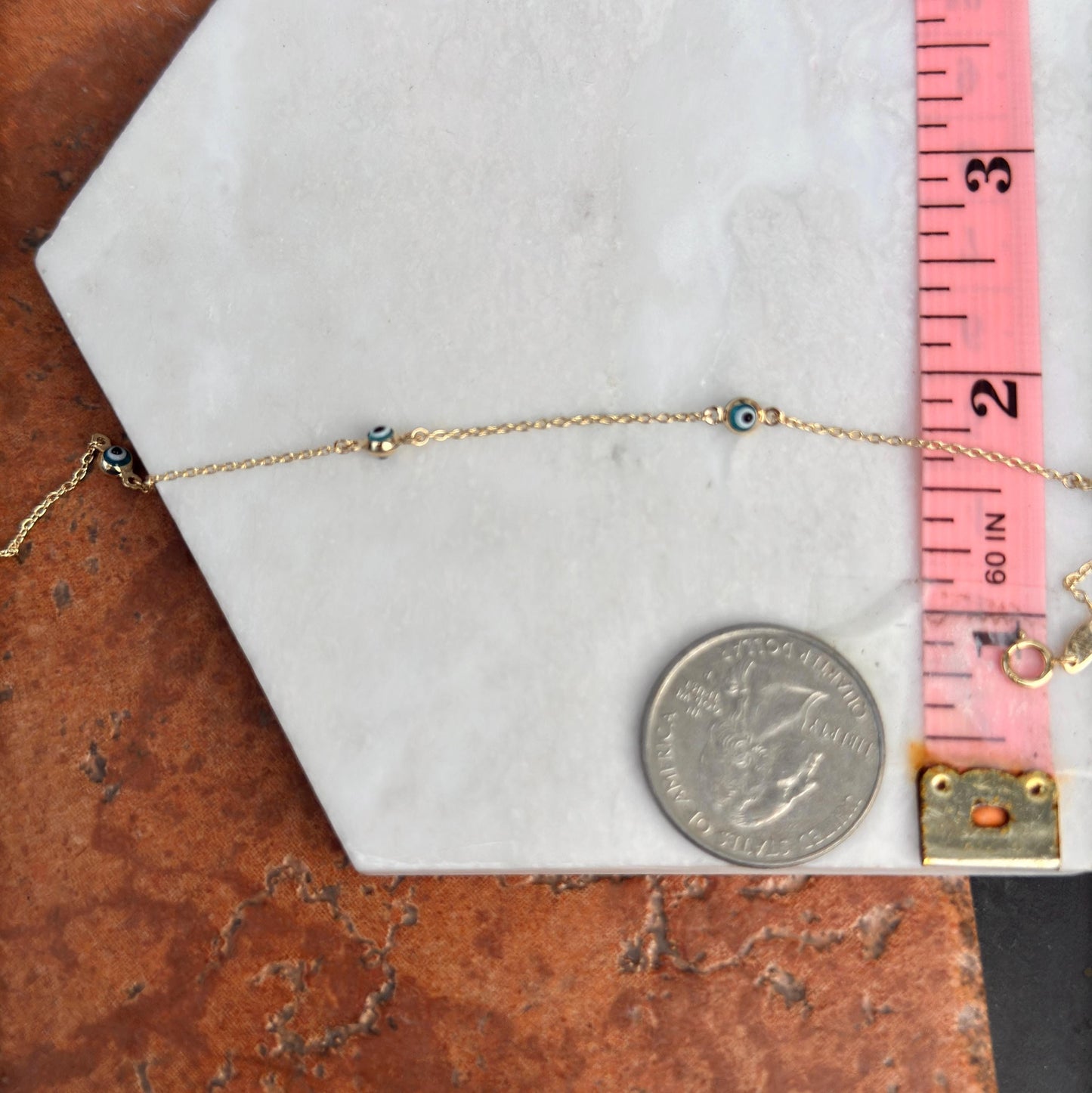 14KT Yellow Gold Blue Evil Eye Ball Station Anklet Lightweight + Extender