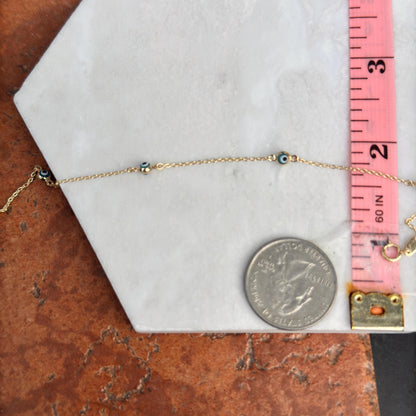 14KT Yellow Gold Blue Evil Eye Ball Station Anklet Lightweight + Extender