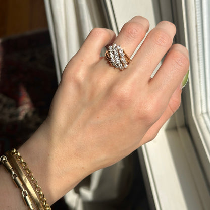 Estate 14KT Yellow Gold 3 Row Round Diamond Cluster Ring