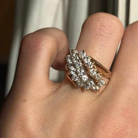 Estate 14KT Yellow Gold 3 Row Round Diamond Cluster Ring