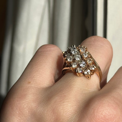 Estate 14KT Yellow Gold 3 Row Round Diamond Cluster Ring