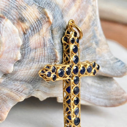 Estate 10KT Yellow Gold Blue Sapphire Encrusted Open Work Cross Pendant