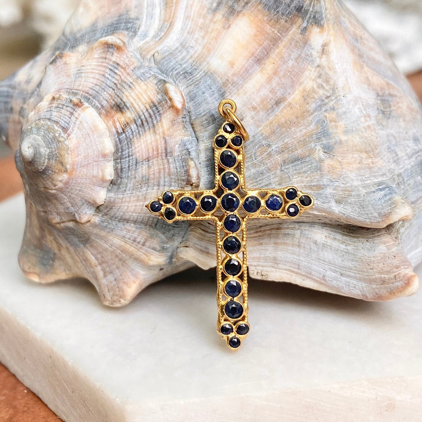 Estate 10KT Yellow Gold Blue Sapphire Encrusted Open Work Cross Pendant