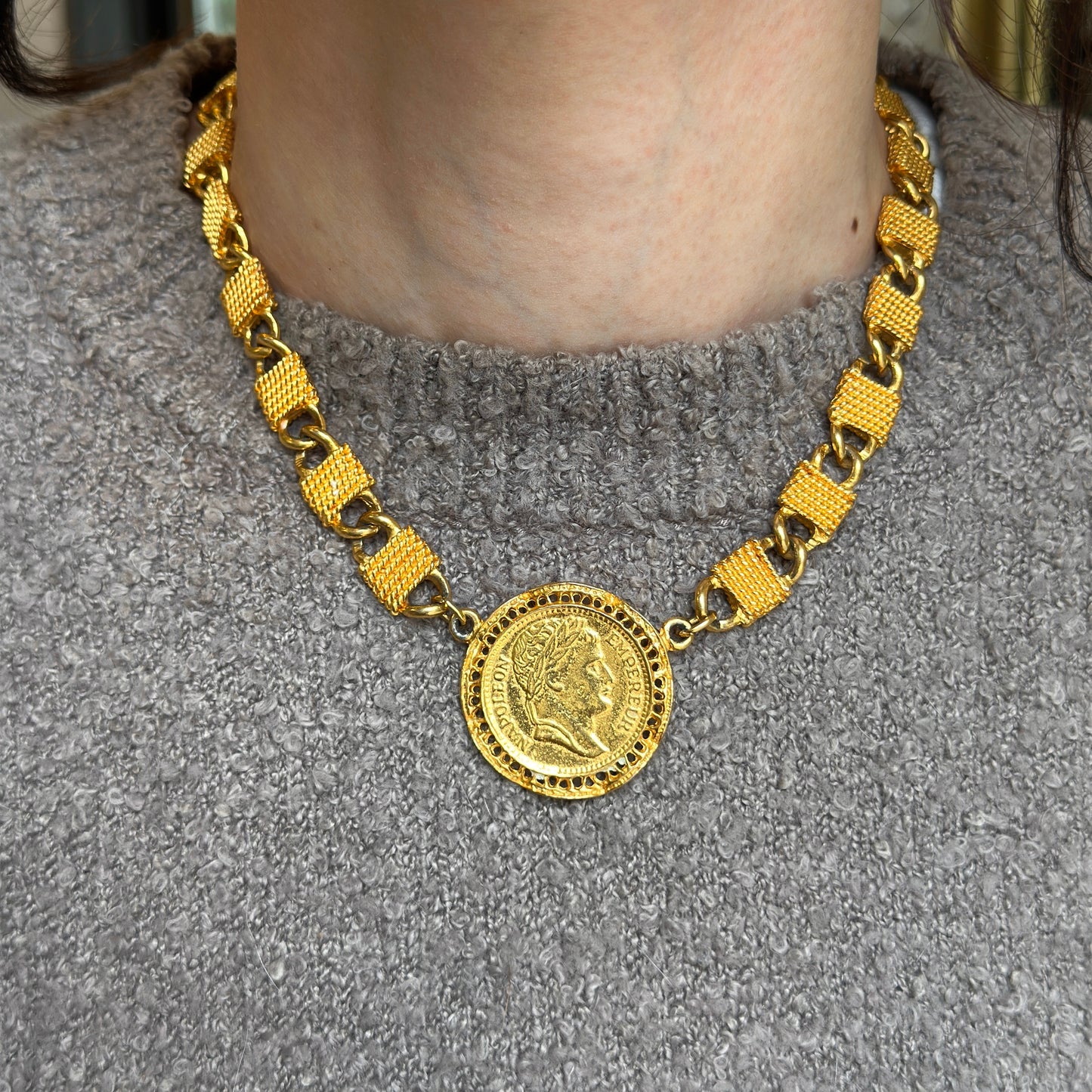 Estate Gold-Tone Napoleon Replica Coin Oval Wrapped Link Necklace + Toggle