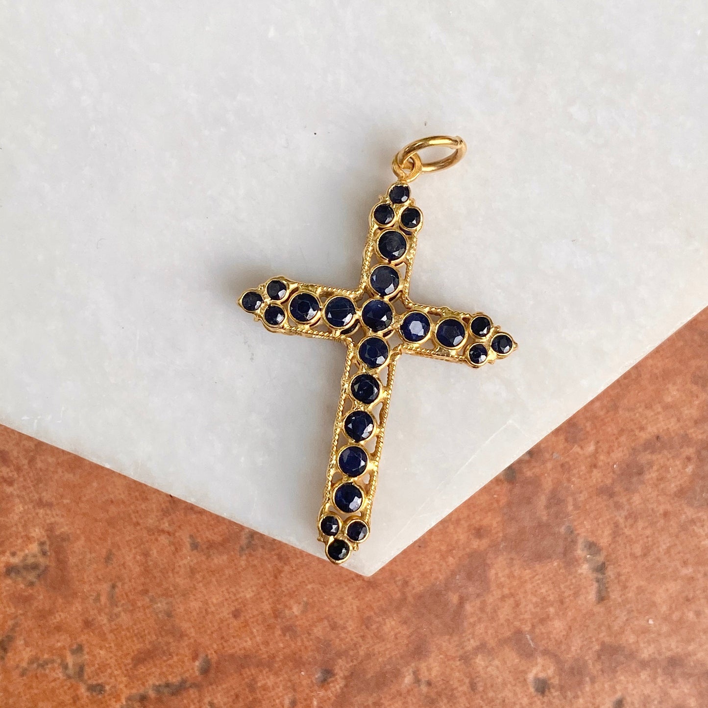 Estate 10KT Yellow Gold Blue Sapphire Encrusted Open Work Cross Pendant