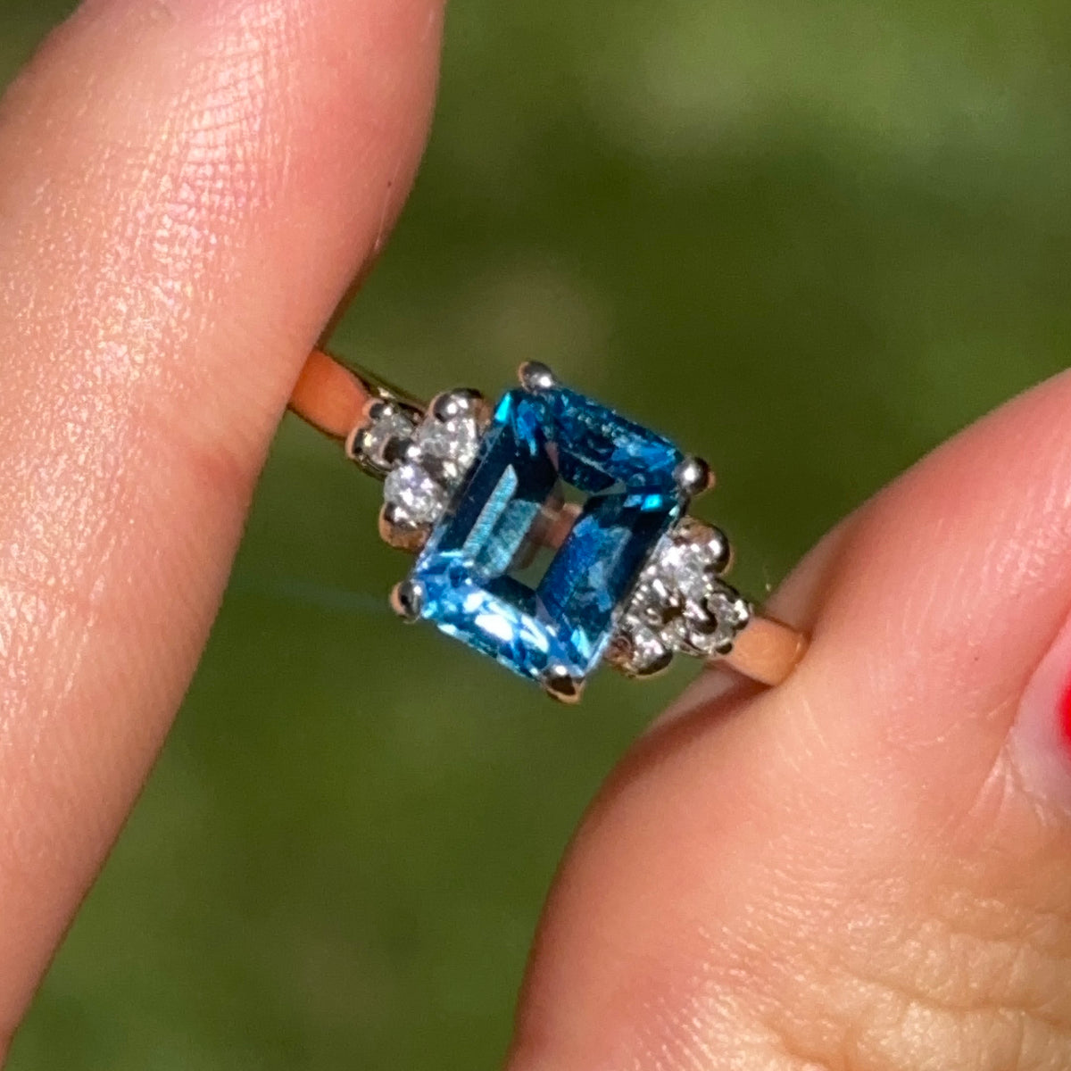 Estate 14KT Yellow Gold Emerald-Cut Blue Topaz + Diamond Ring