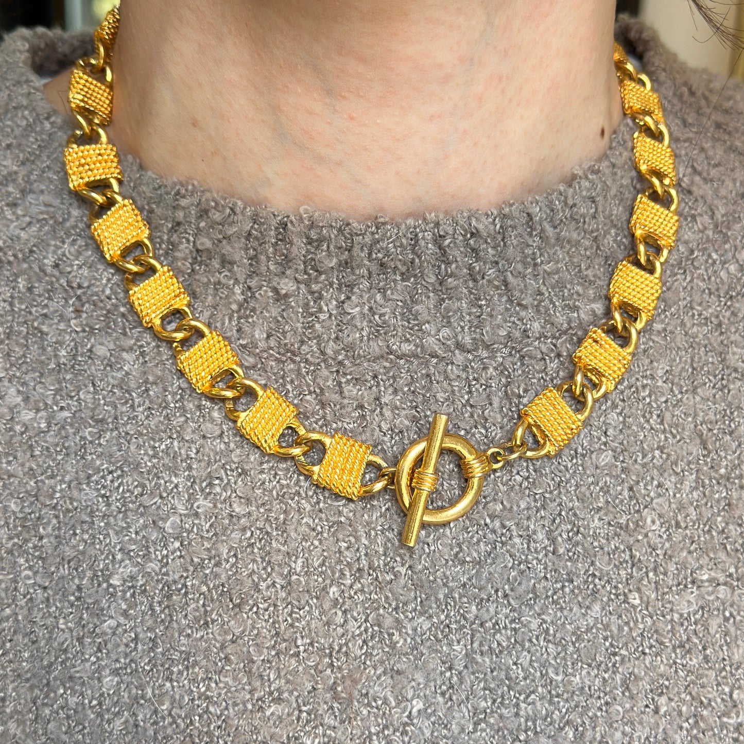 Estate Gold-Tone Napoleon Replica Coin Oval Wrapped Link Necklace + Toggle