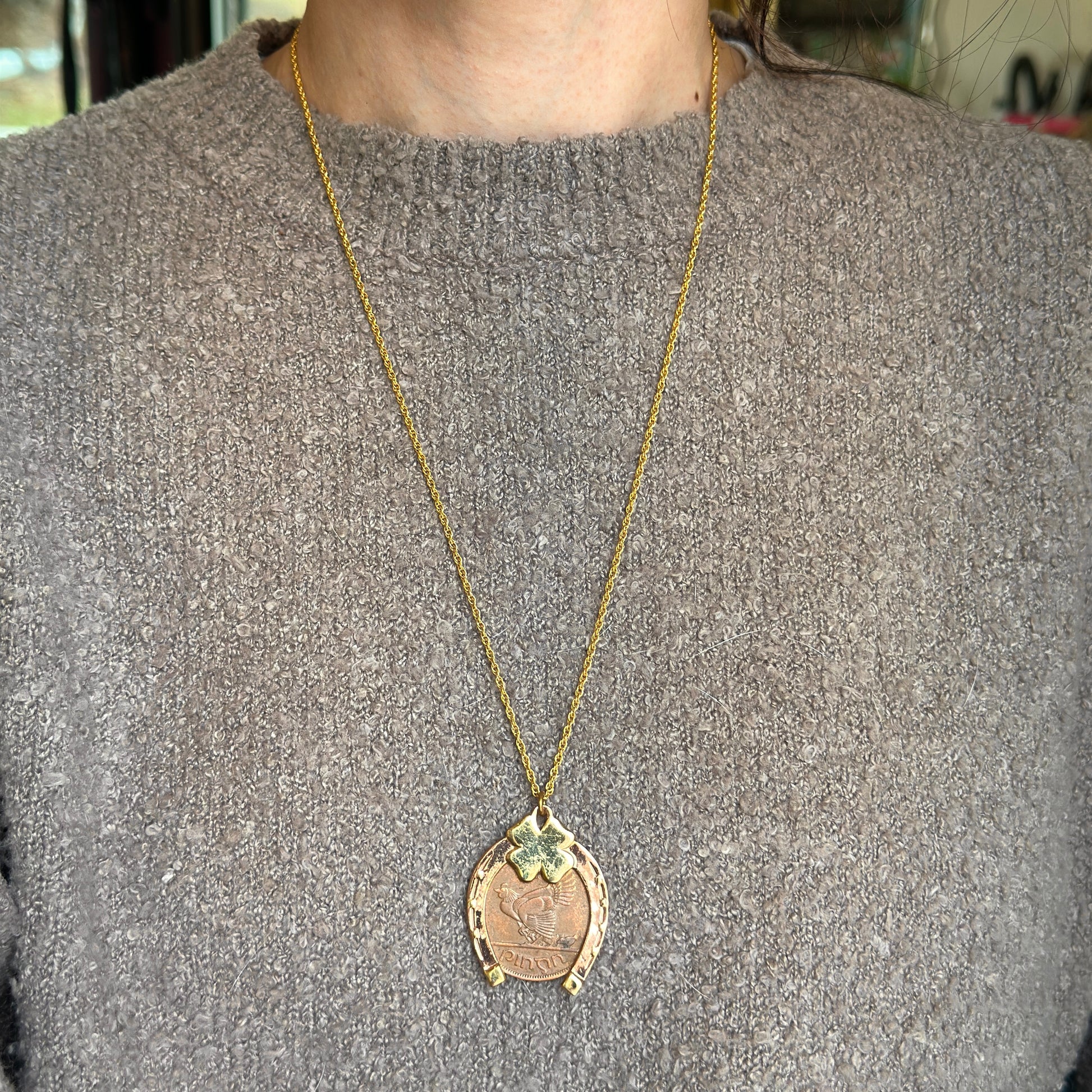 Copper Horseshoe and 4 Leaf Clover with 1964 Erie Harp Hen Irish Coin Necklace - LSJ