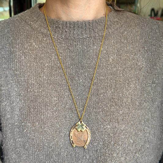 Copper Horseshoe and 4 Leaf Clover with 1964 Erie Harp Hen Irish Coin Necklace