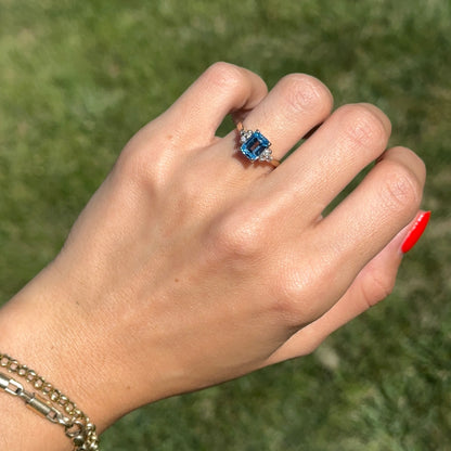 Estate 14KT Yellow Gold Emerald-Cut Blue Topaz + Diamond Ring