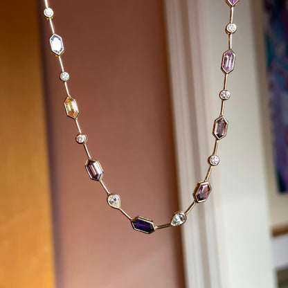 Estate 14KT Yellow Gold Multi Color and Shape Sapphire Tennis Necklace