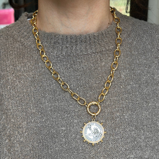 Estate Yellow and Silver Tone Statue of Liberty Coin Necklace + Push In Clasp Enhancer 20''