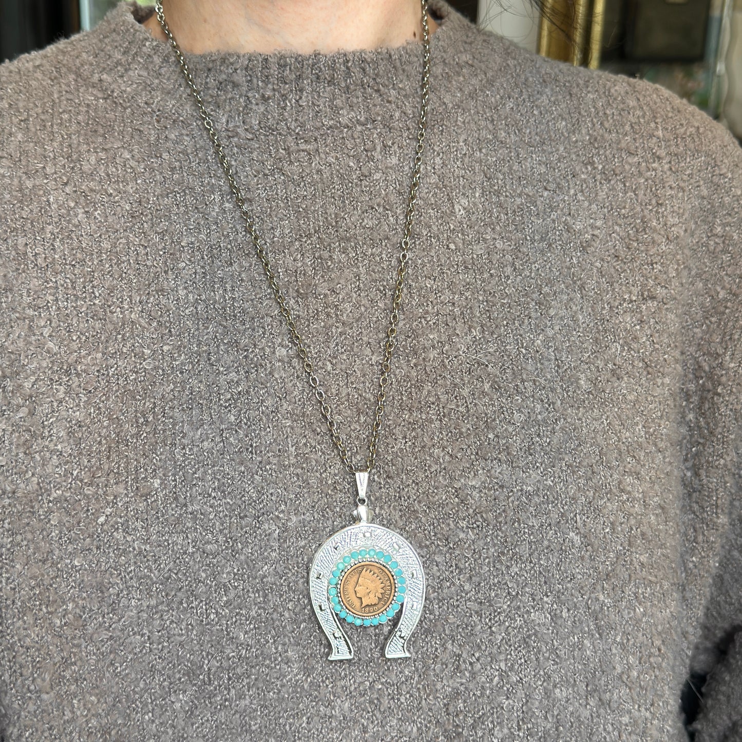 Estate Silver Tone Indian Head Coin "One Cent" Round Blue Horseshoe Necklace - LSJ