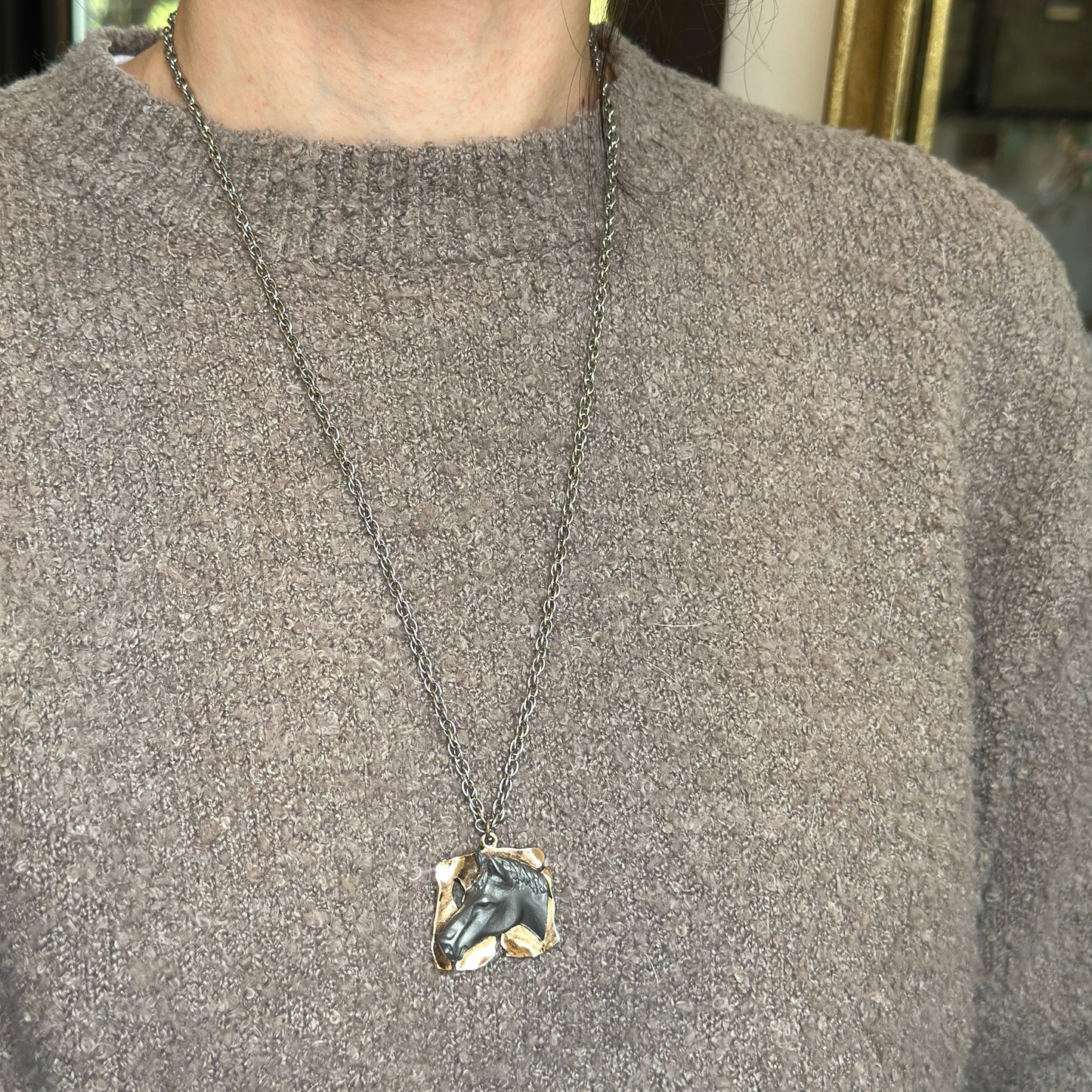 Estate Yellow + Silver Tone Abstract Horse Head Necklace