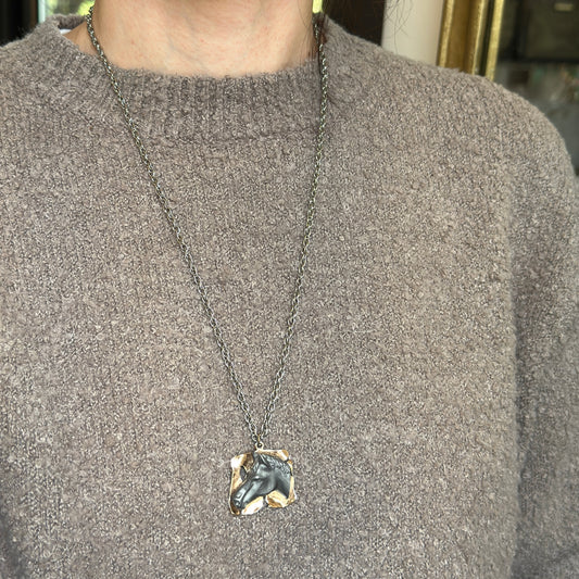 Estate Yellow + Silver Tone Abstract Horse Head Necklace - LSJ