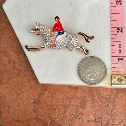 Sold Estate Yellow Tone Enamel Jockey Riding Horse Round White Stone Pin/Brooch - LSJ