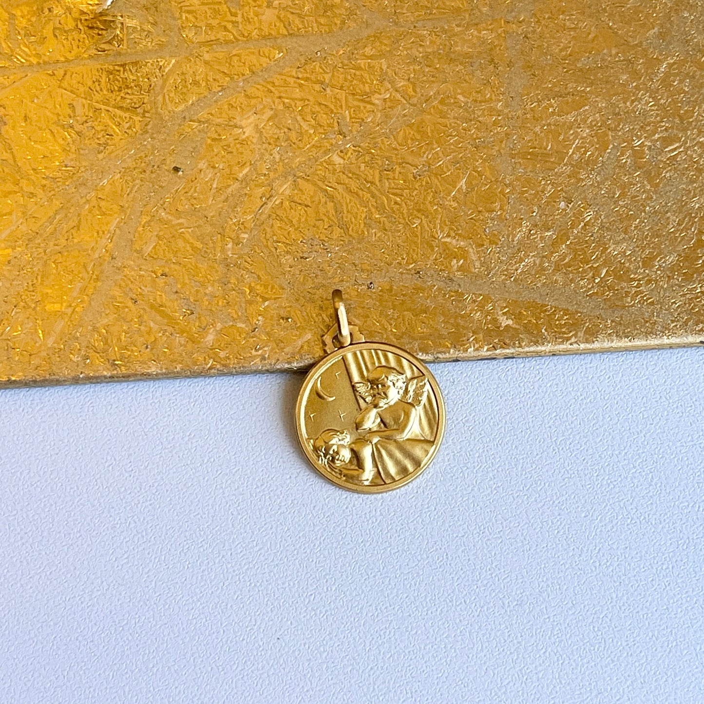 14KT Yellow Gold Matte Guardian Angel Medal Pendant 18mm