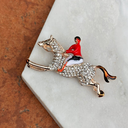 Sold Estate Yellow Tone Enamel Jockey Riding Horse Round White Stone Pin/Brooch - LSJ
