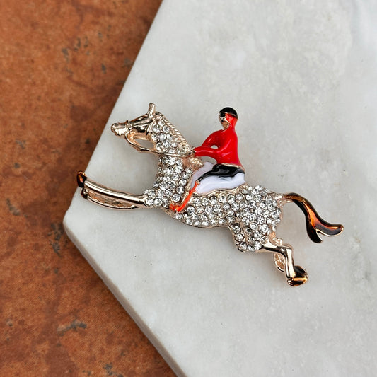 Sold Estate Yellow Tone Enamel Jockey Riding Horse Round White Stone Pin/Brooch - LSJ