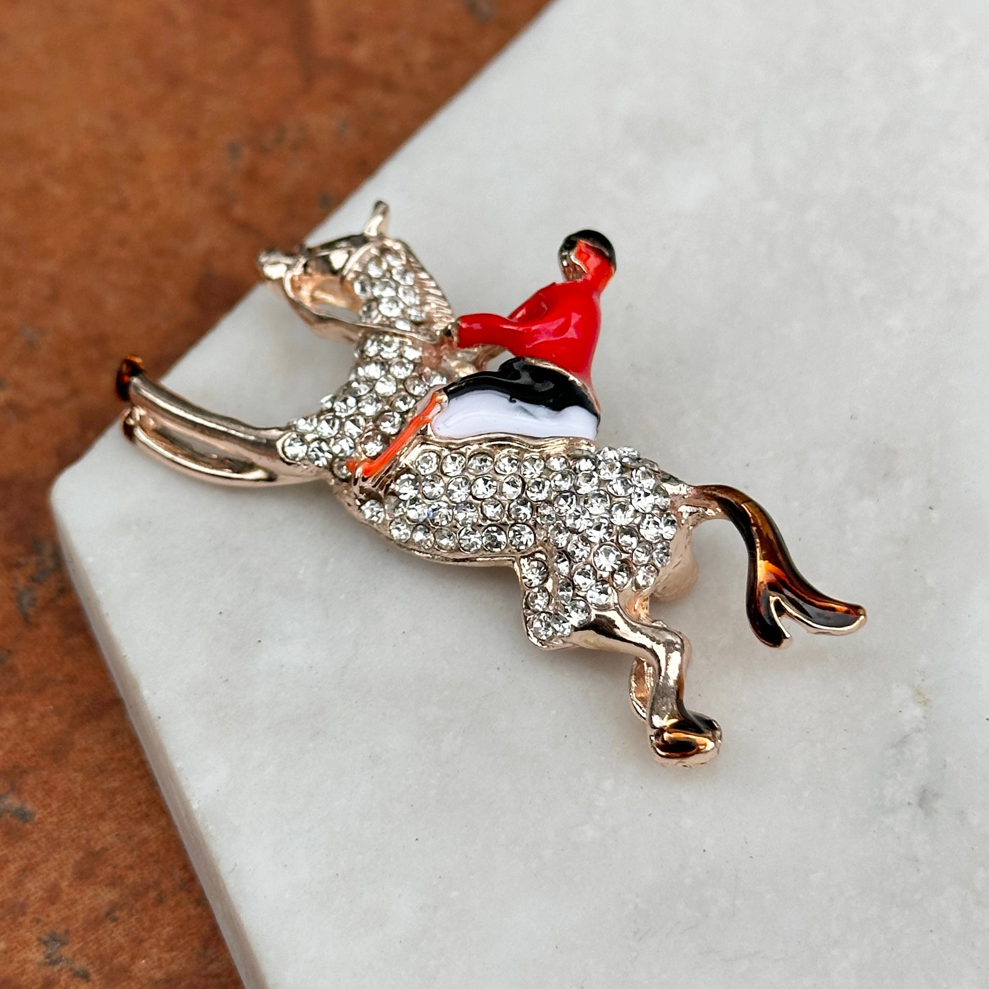 Sold Estate Yellow Tone Enamel Jockey Riding Horse Round White Stone Pin/Brooch - LSJ