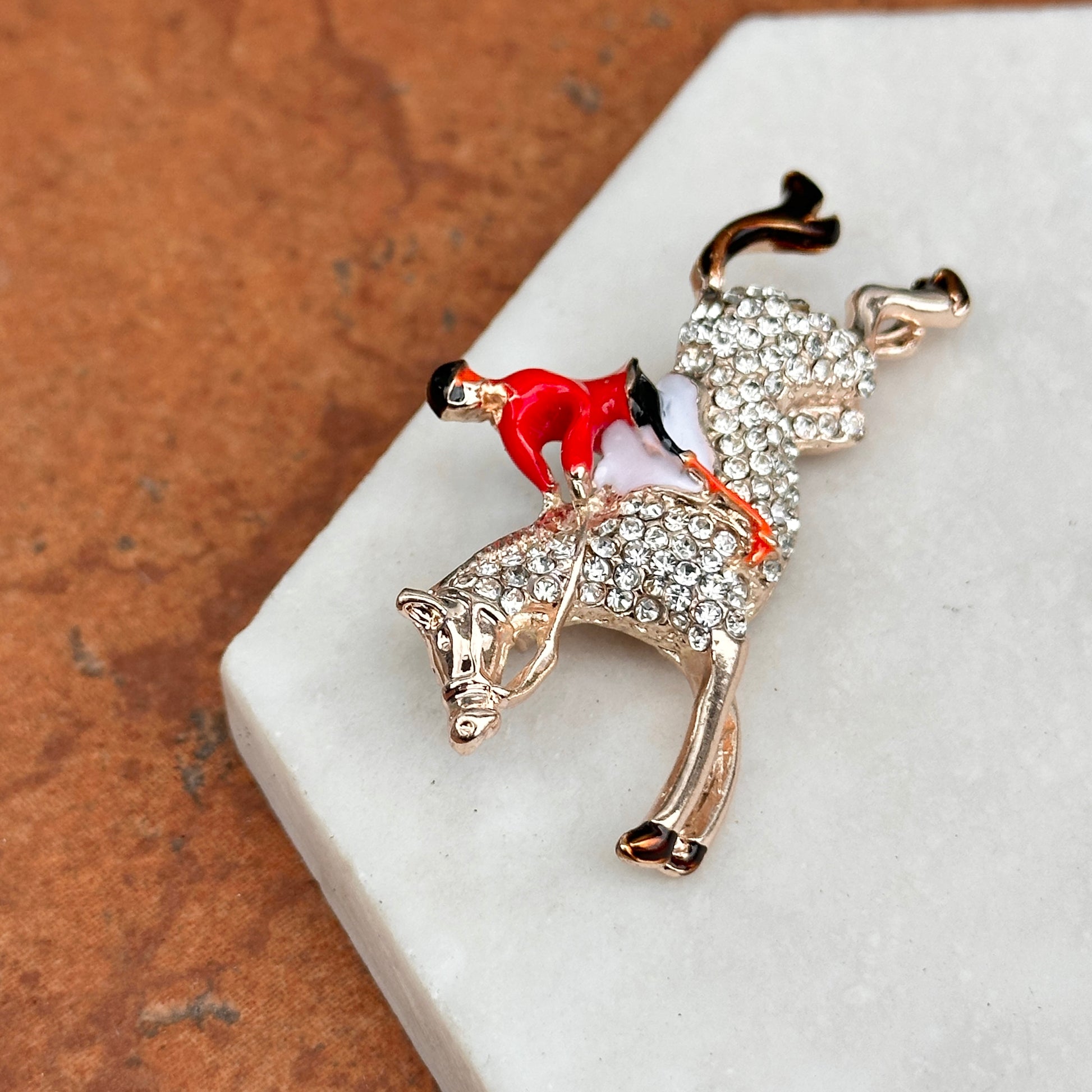 Sold Estate Yellow Tone Enamel Jockey Riding Horse Round White Stone Pin/Brooch - LSJ