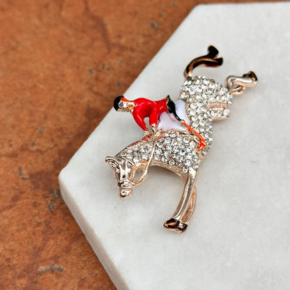 Sold Estate Yellow Tone Enamel Jockey Riding Horse Round White Stone Pin/Brooch - LSJ