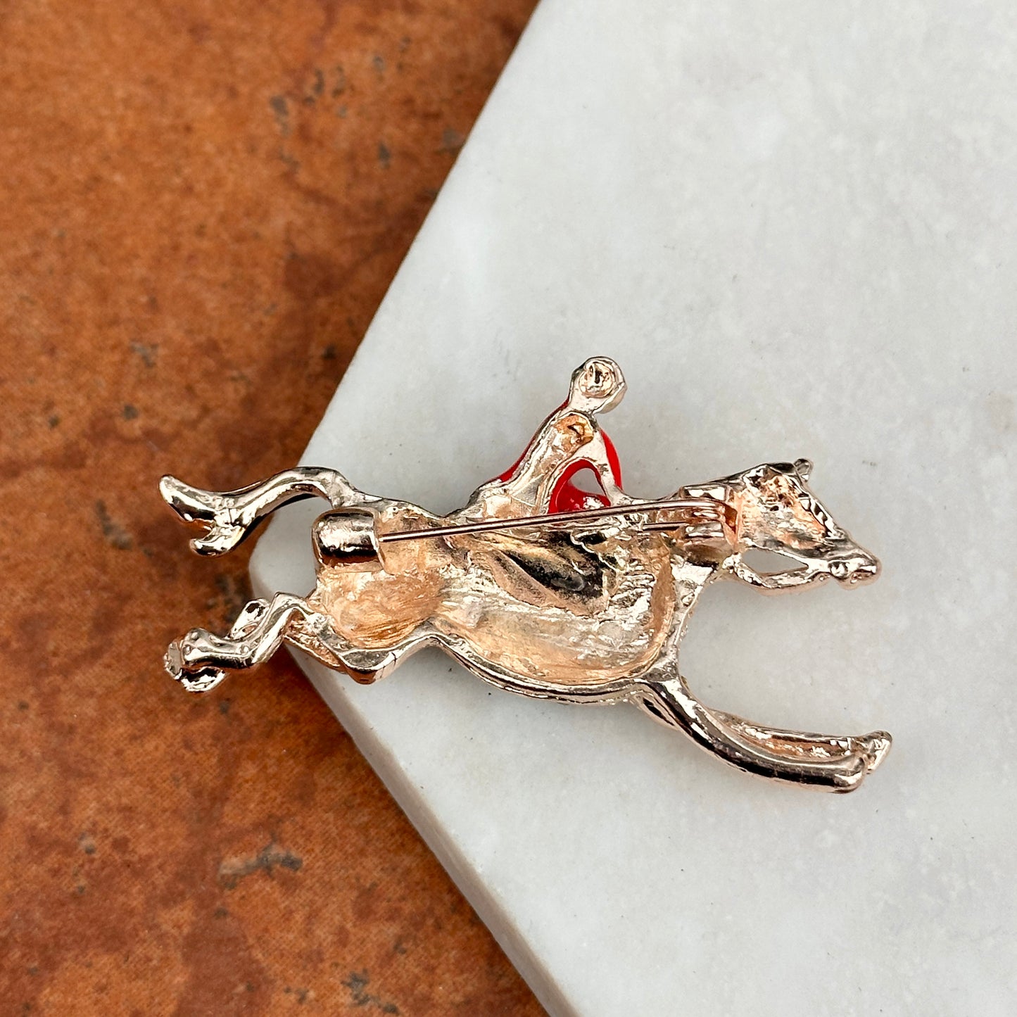 Sold Estate Yellow Tone Enamel Jockey Riding Horse Round White Stone Pin/Brooch - LSJ