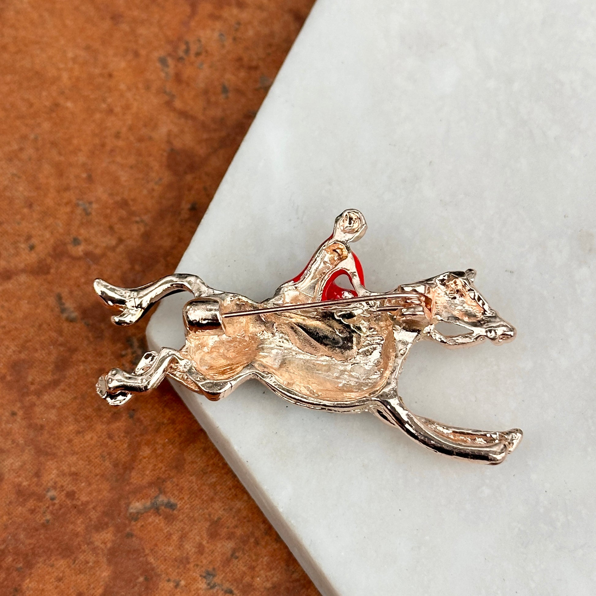 Sold Estate Yellow Tone Enamel Jockey Riding Horse Round White Stone Pin/Brooch - LSJ