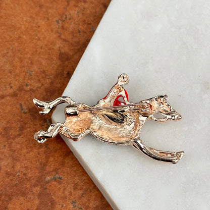 Sold Estate Yellow Tone Enamel Jockey Riding Horse Round White Stone Pin/Brooch - LSJ