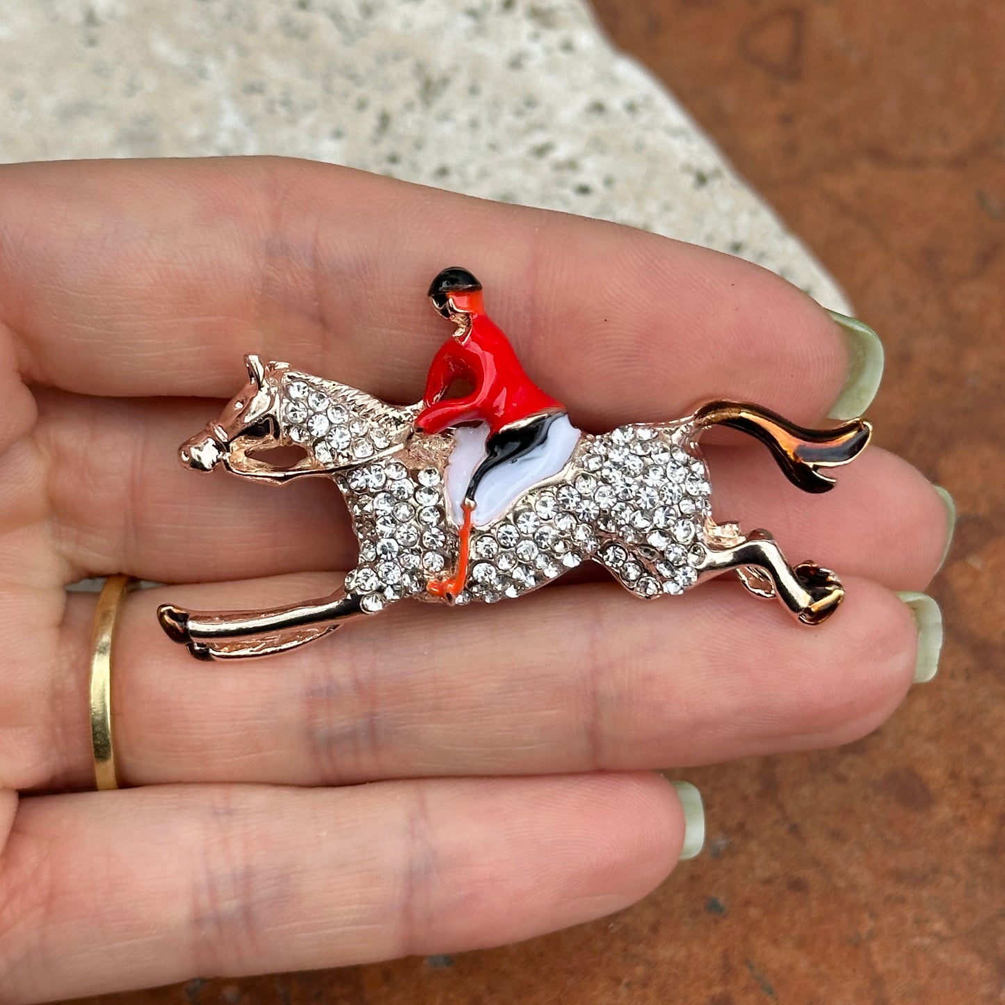 Sold Estate Yellow Tone Enamel Jockey Riding Horse Round White Stone Pin/Brooch - LSJ